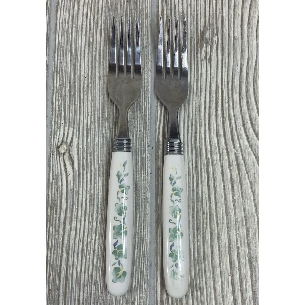 VTG Stainless Steel Forks Ceramic Ivy Leaf Pattern Handle Set of 2 White Green